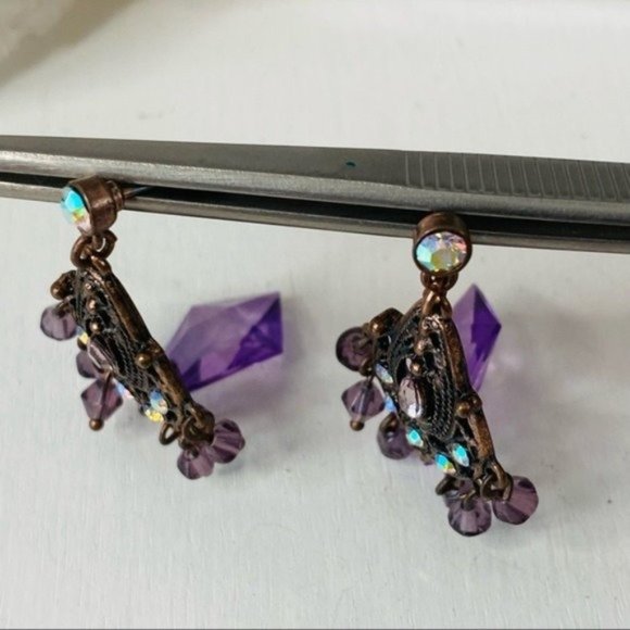 Copper Tone Metal and Purple Crystal Chandelier Earrings - Picture 4 of 8